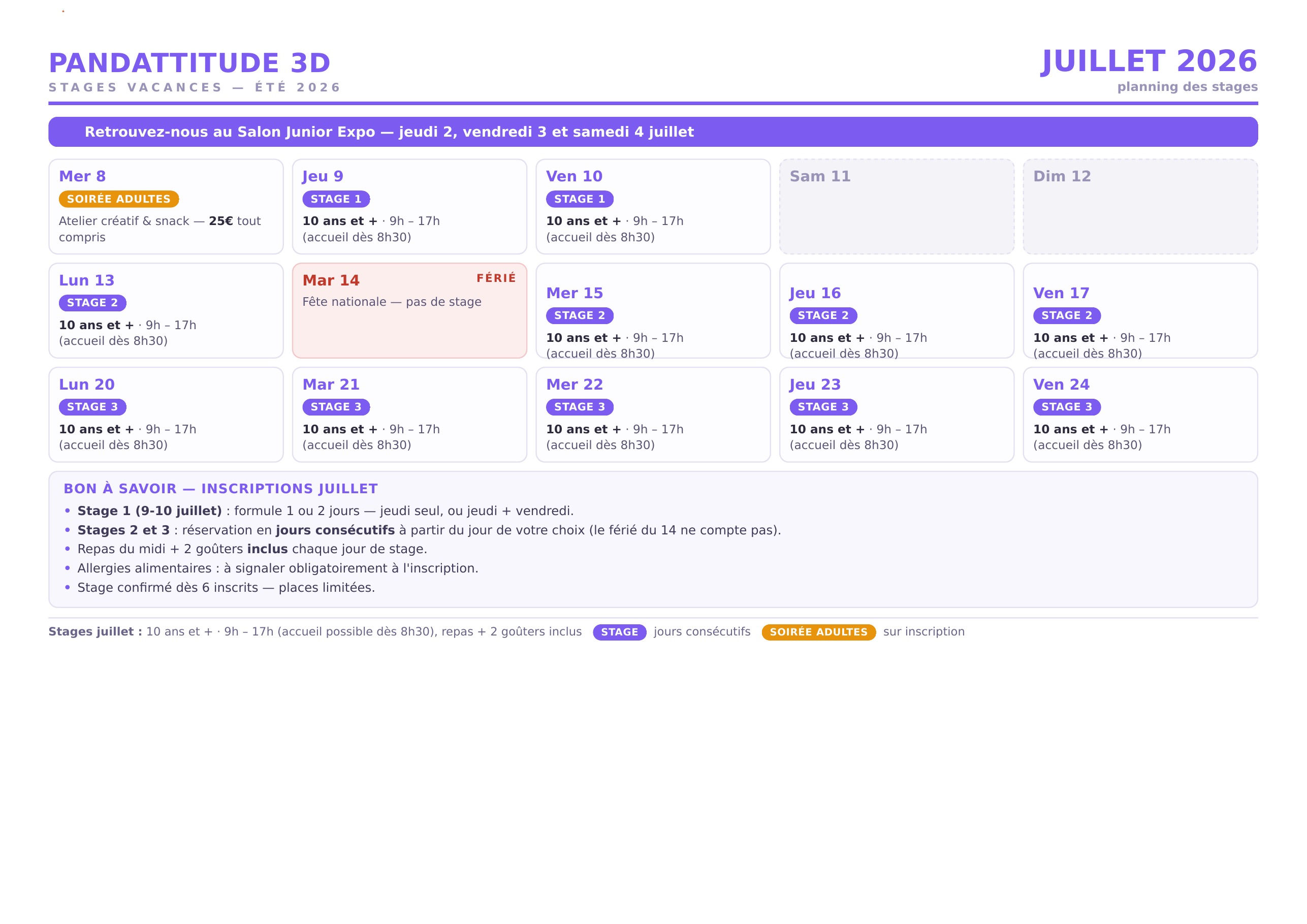 Stages de juillet 2026